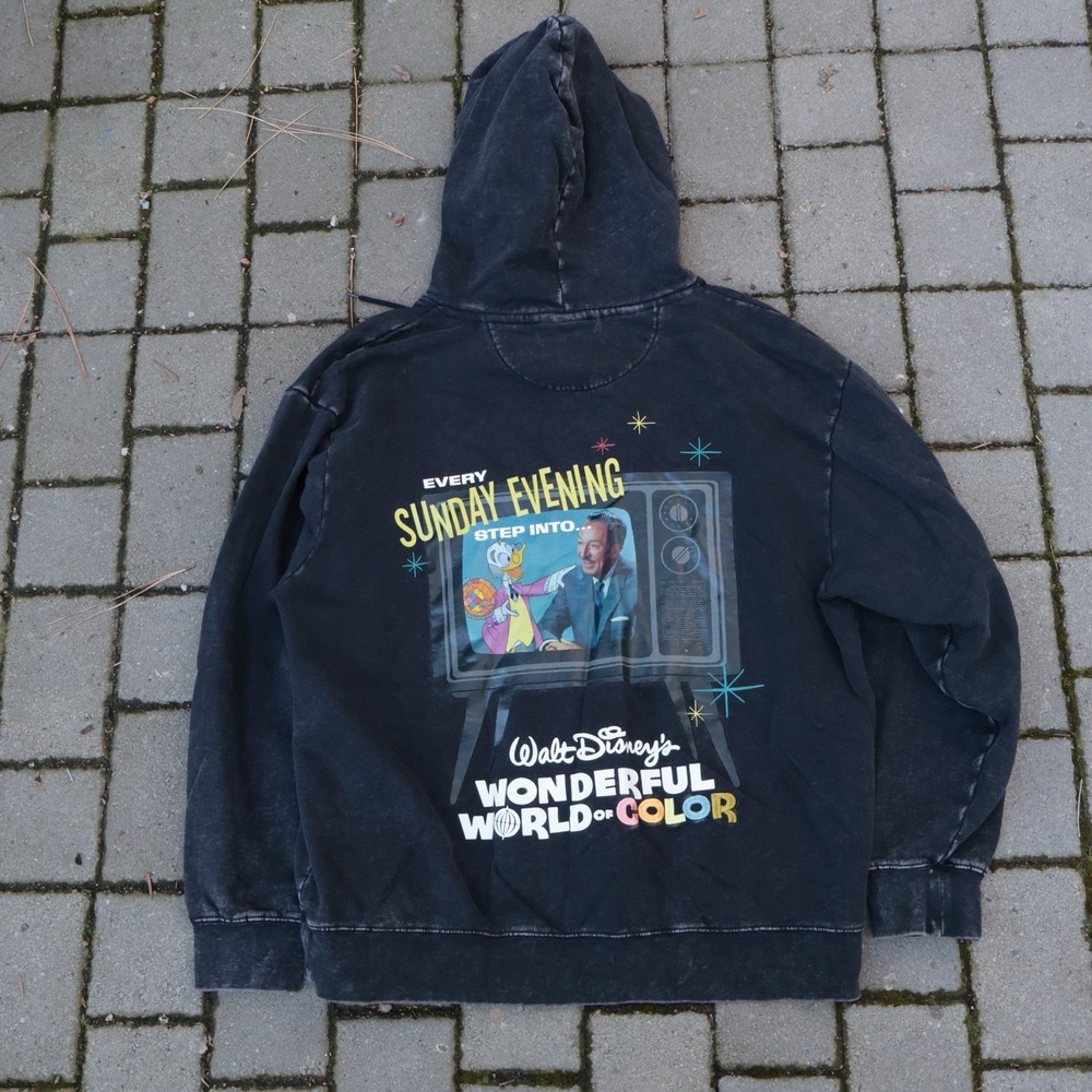 Disney 100 Years Wonderful World of Color Hoodie Mens Black Mineral Wash XL EUC